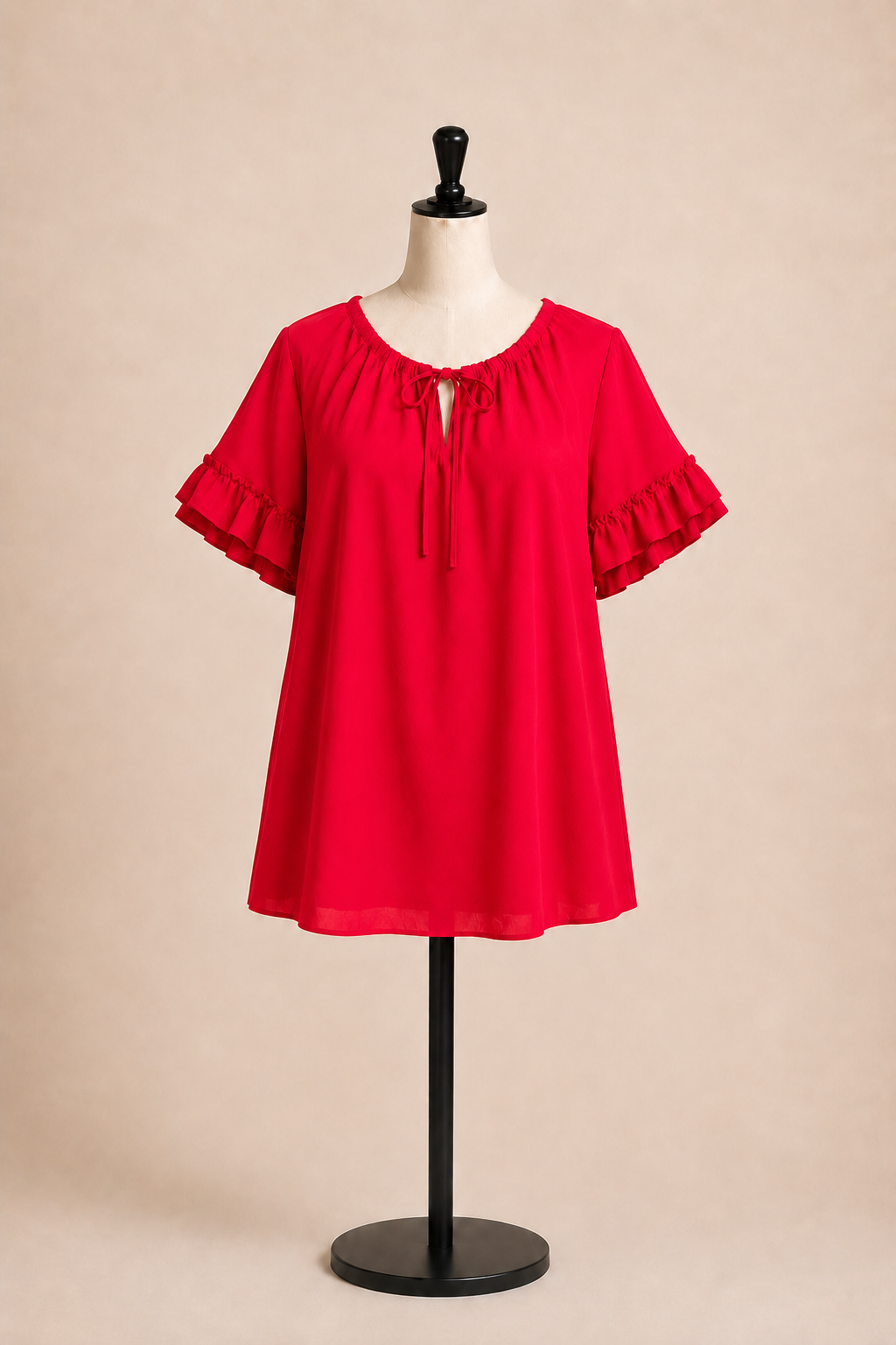 Maglia elegante maniche corte con volant e laccetto frontale